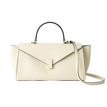 Soft Parchment Off-White Elongated Envelope Geometric Hand Bag With Rectangular Metallic Flap Clasp, Contrast Curved Top Handle And Slim Matching Shoulder Strap