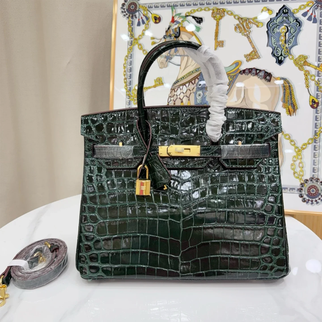 Deep Titian Forest Green High-Gloss Uniform Tile Scale Embossed Rigid Structured Hand Tote With Polished Golden Twist Lock Hardware, Matching Suspended Embossed Tag And Compact Square Metal Padlock Charm