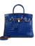 Vivid Sapphire Cobalt Glossy Grid Embossed Compact Box Structured Hand Tote With Polished Golden Twist Lock Hardware, Matching Suspended Embossed Tag And Small Square Metal Padlock Charm