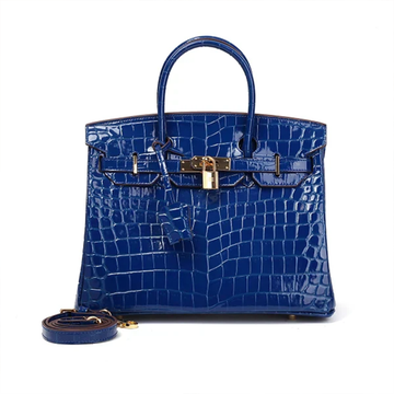 Vivid Sapphire Cobalt Glossy Grid Embossed Compact Box Structured Hand Tote With Polished Golden Twist Lock Hardware, Matching Suspended Embossed Tag And Small Square Metal Padlock Charm