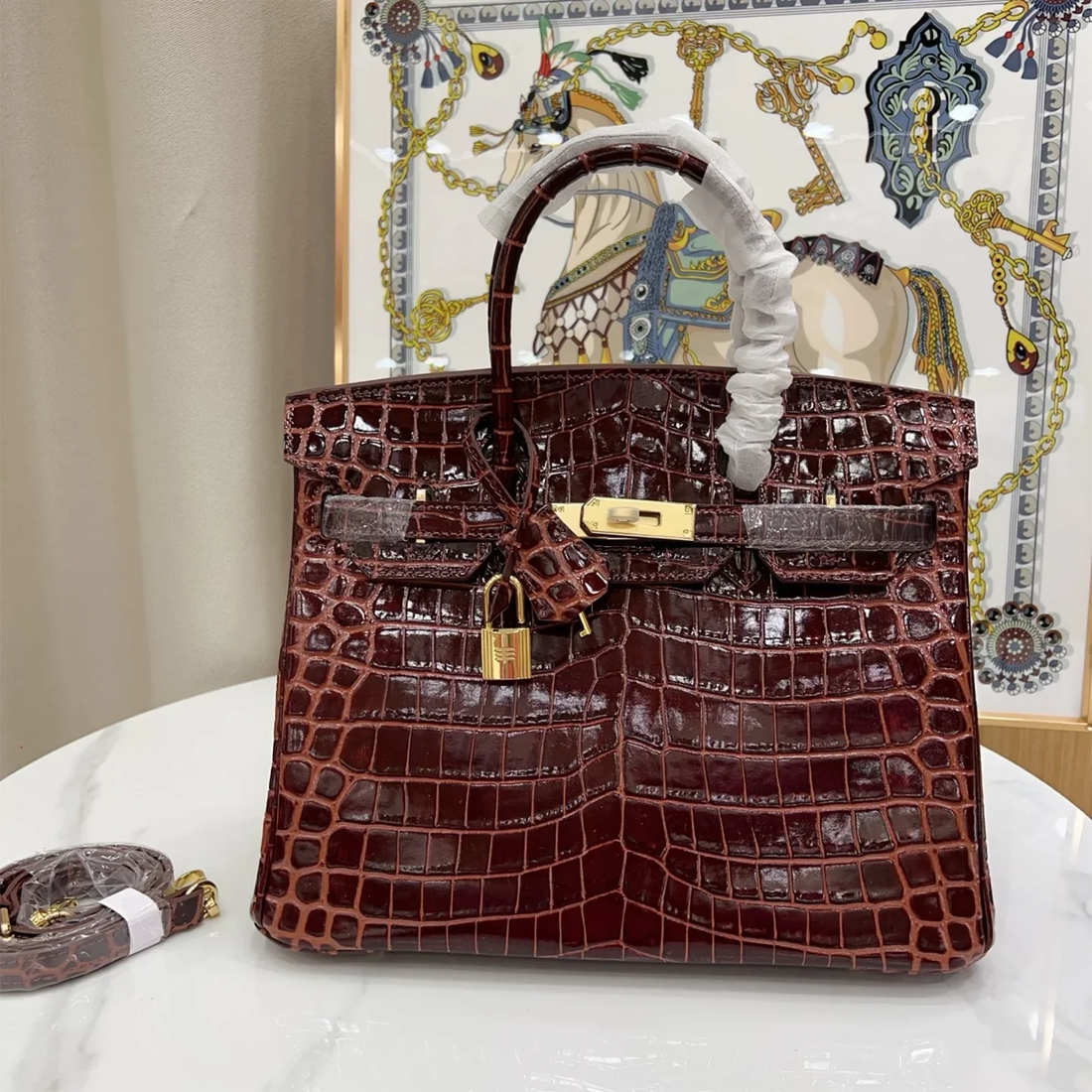 Lustrous Deep Wine Bordeaux Glossy Defined Square Scale Embossed Medium Structured Hand Tote With Luminous Polished Golden Twist Lock Hardware, Matching Suspended Embossed Tag And Compact Square Metal Padlock Charm